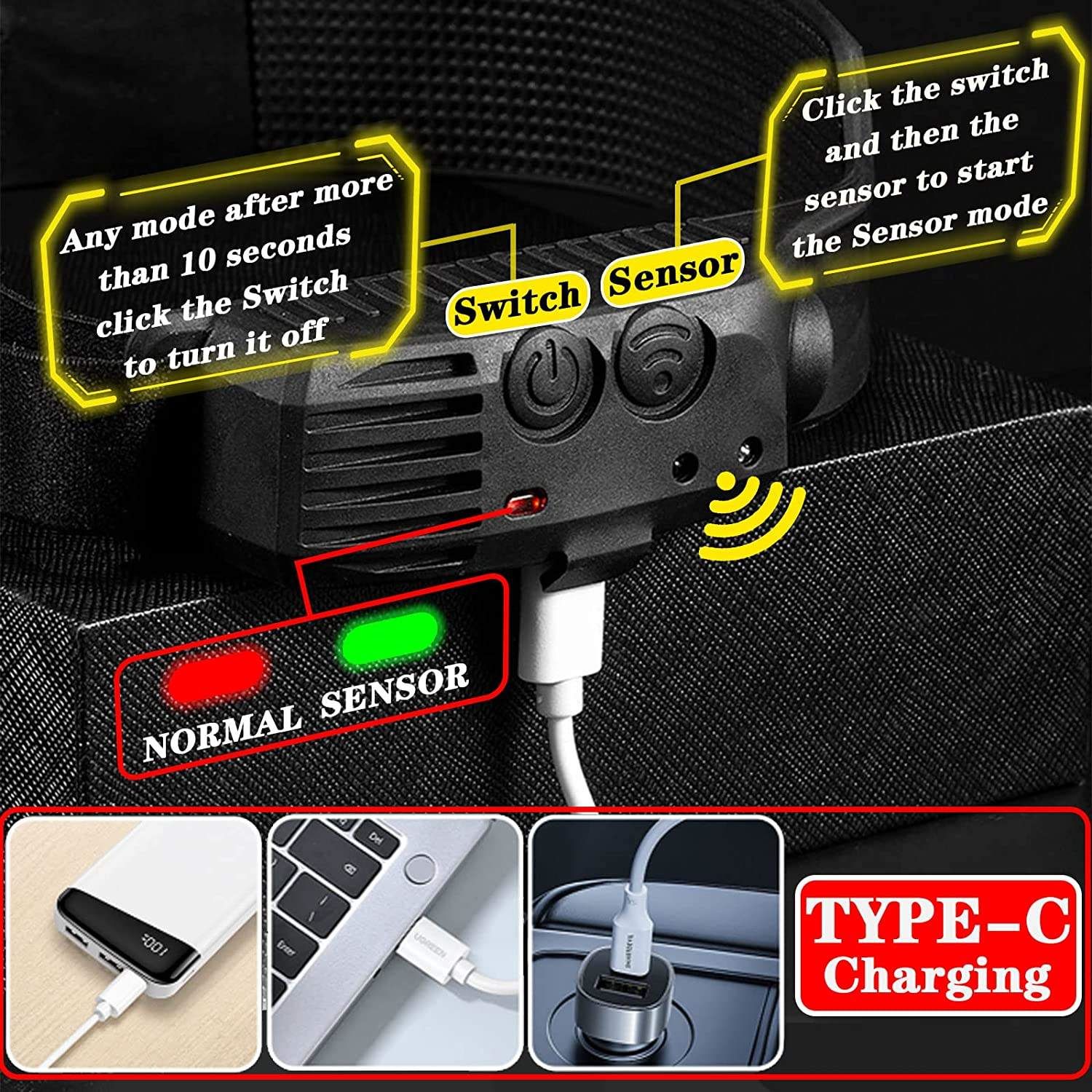 Induktionspandelampe cob led-sensor pandelampe indbygget batteri lommelygte usb genopladelig pandelampe 5 lystilstande pandelampe