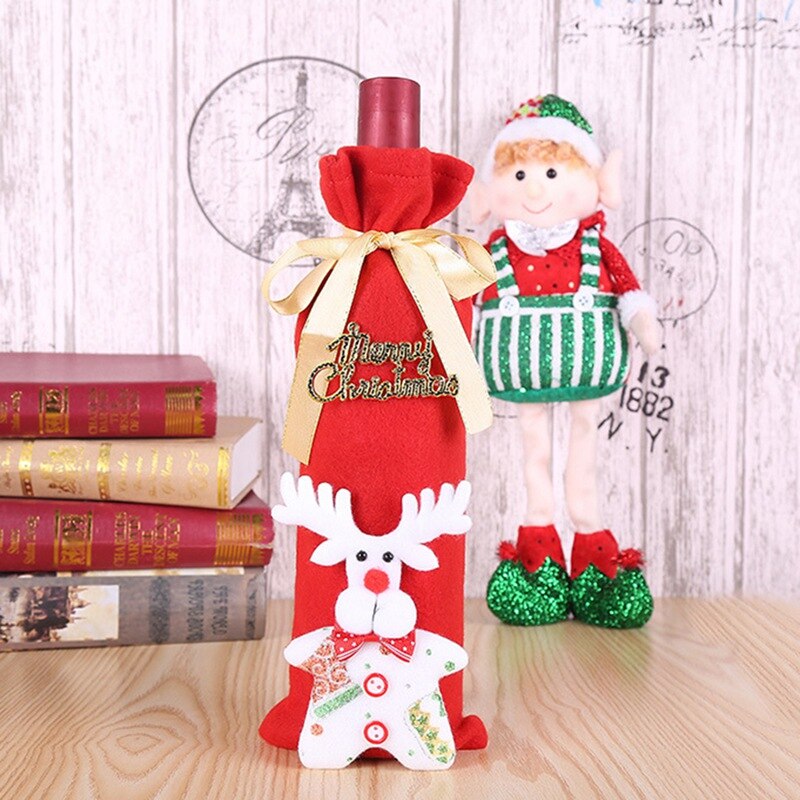 Décoration de table pour fête de noël, père noël, bonhomme de neige, housses de bouteille de champagne, housses de bouteille de vin rouge, sac