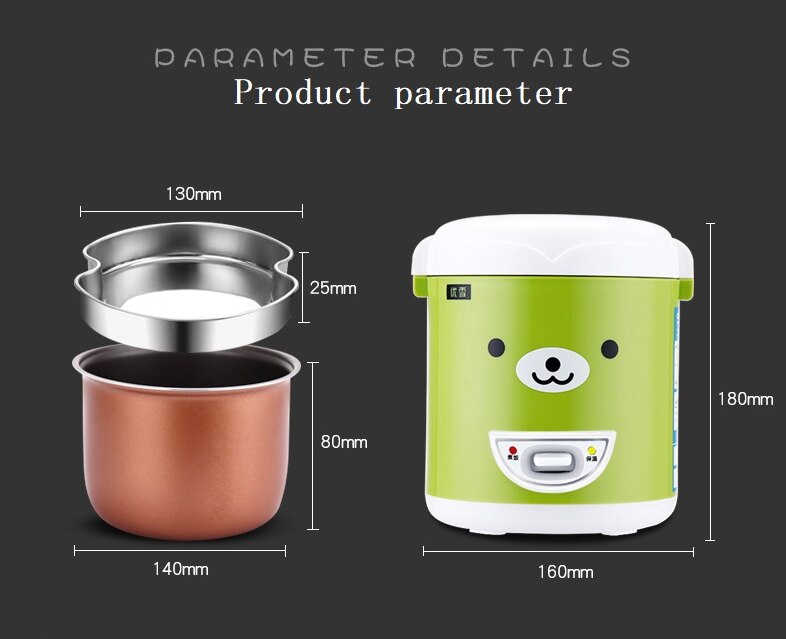 3 Cups Cute Multi-function Electric Mini Rice Cooker 220V For House Food Steamer Student Dormitory Electric Lunch Box Green
