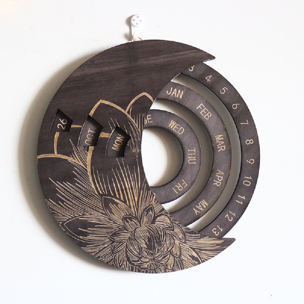 Wooden Calendar Floral Print Rotatable Permanent Calendar Decorative Ornaments for Living Room Bedroom: D