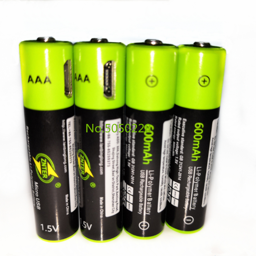 4 stks/partij ZNTER 1.5V AAA oplaadbare batterij 600mAh USB oplaadbare lithium-polymeer batterij snel opladen via Micro USB kabel