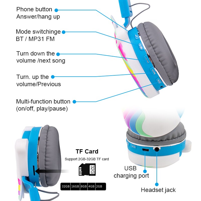 Unicorn trådlösa hörlurar set bluetooth 5.0 hörlurar, unicorn datakabel, med mikrofon, barnjul