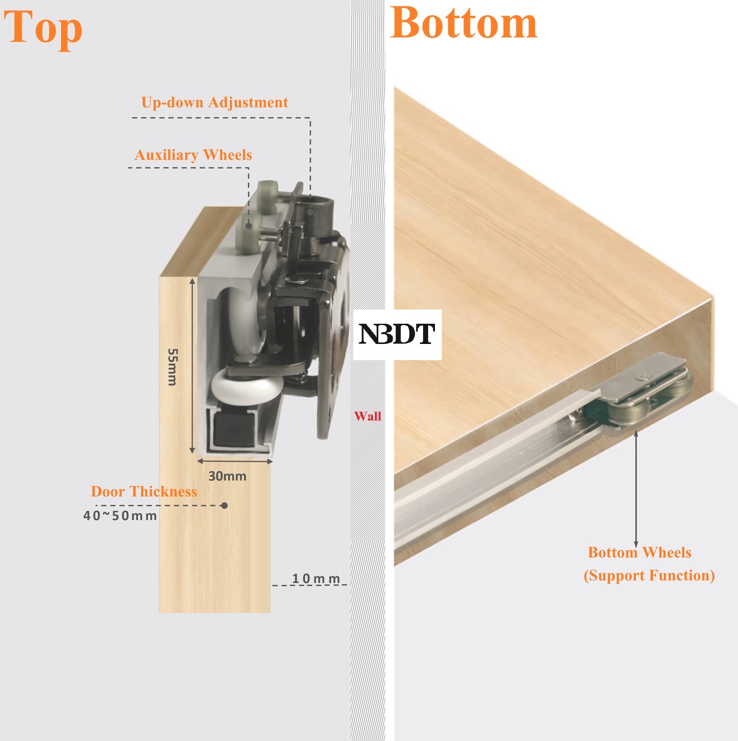 1.2Meters Track Invisible Floating Ghost Sliding Door Roller Wheels Kit Two Way Soft Closing