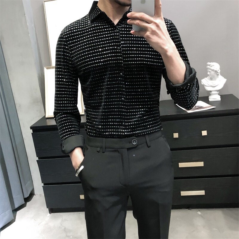 Polka Punkte Gedruckt Velours Herren Kleidung modisch Modische Grau Blau Samt Kleid Gentleman Herren Bluse Weichen Unsual Hemden