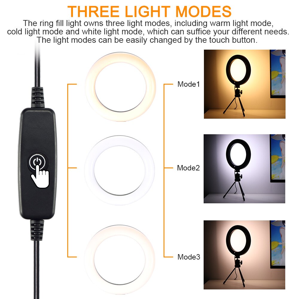 Photography LED Selfie Ring Light 26CM Dimmable Camera Phone Ring Lamp 10inch With Table Tripods For Phone Makeup Video Live