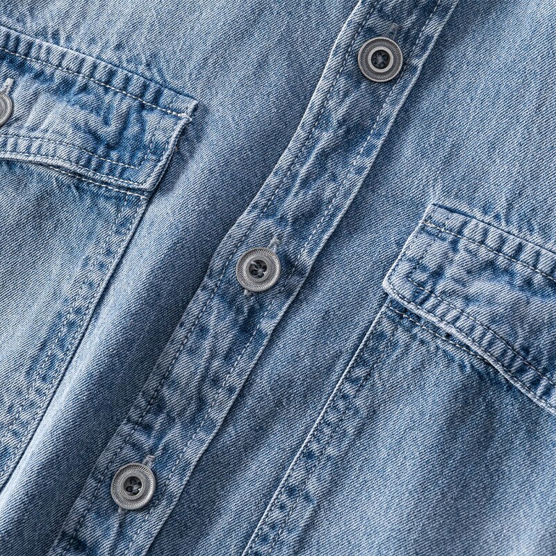 Ripped Denim Shirt for Men Turn-down Collar Cotton Vintage Tops Male Double Pocket Decoration Cowboy Clothes