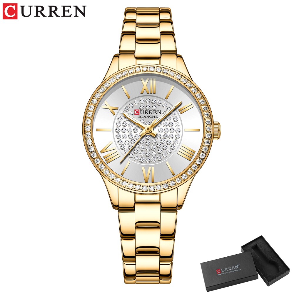 Curren Luxe Golden Dial Horloges Voor Vrouwen Met Rvs Band Mode Strass Dames Horloge Met Lichtgevende: gold white box