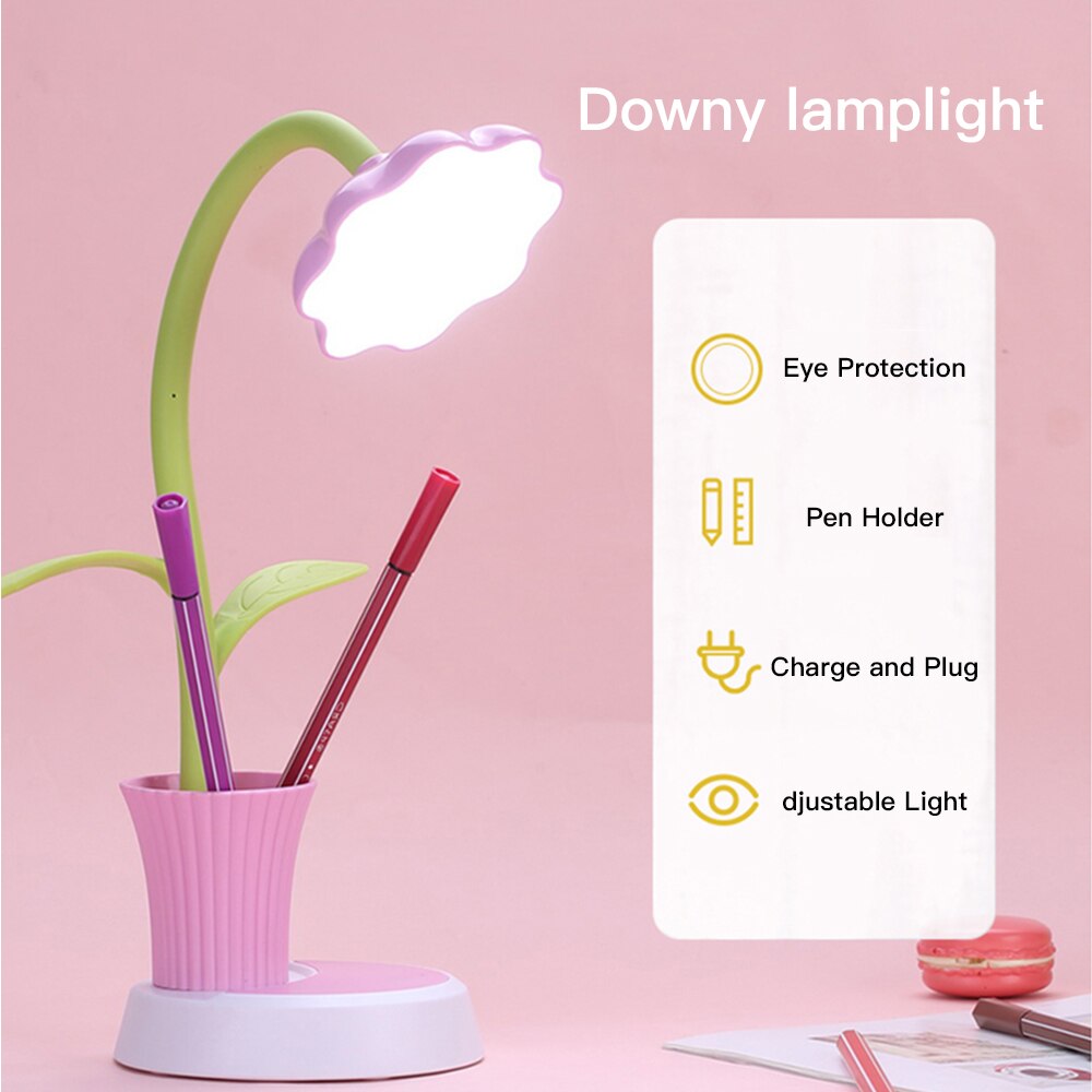 Kids Lamp LED Bureaulamp Touch Control Dimmen Licht Flexibele USB Oplaadbare Studeren lampen met Potlood Houder Zon bloem roze