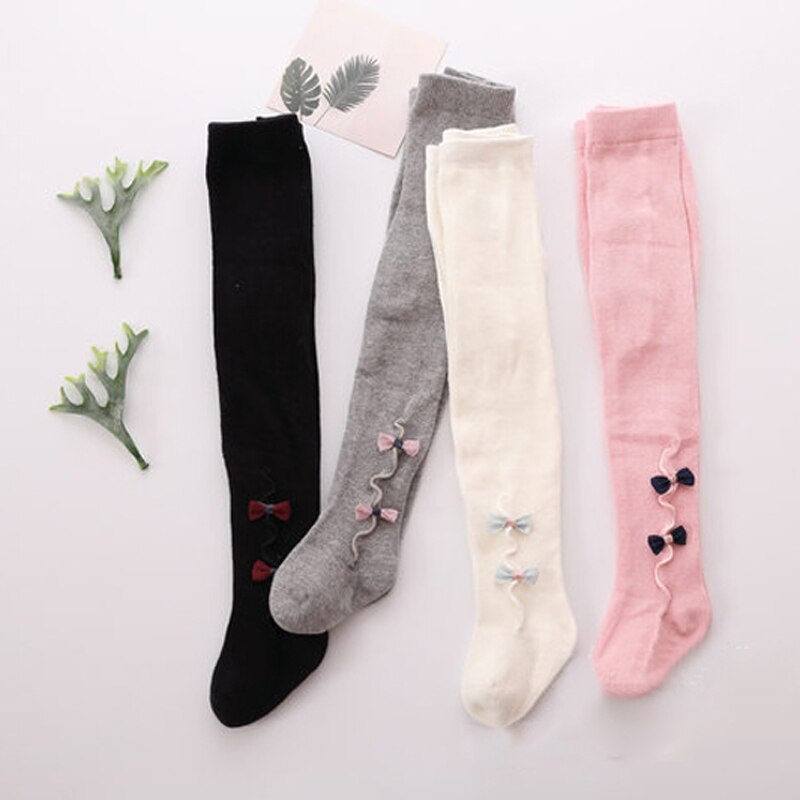 Cute Baby Girls Bowknot Cotton Warm Tights Stockings Autumn Winter White Black Grey Pink Solid Kids Girl Stockings 0-3 Years