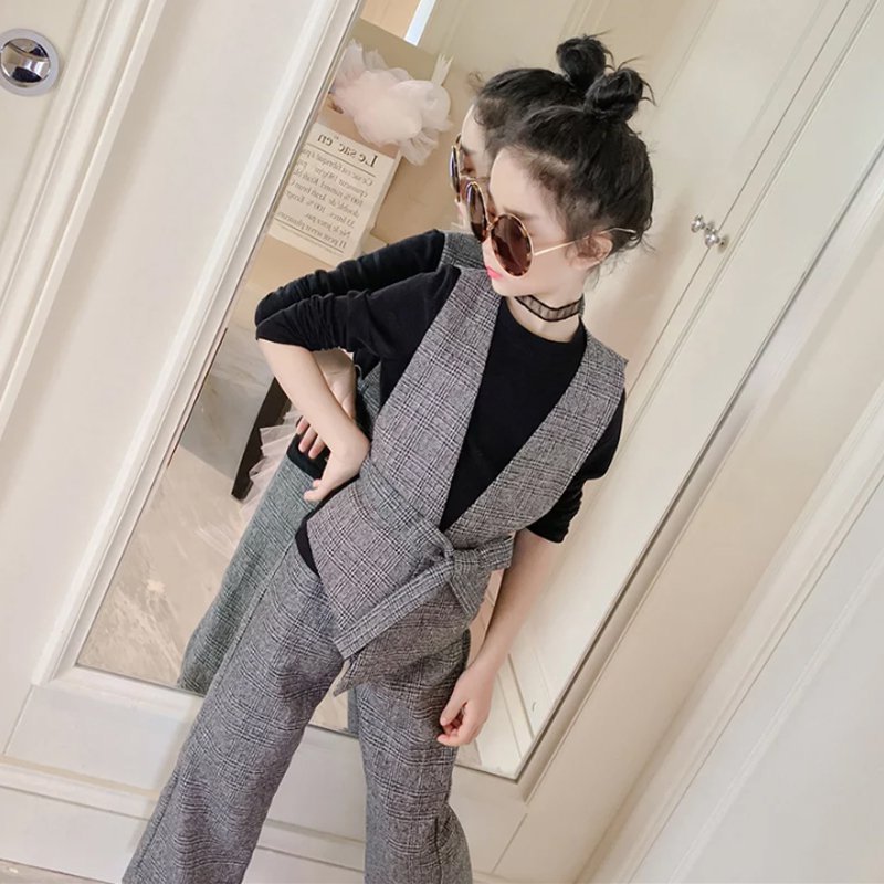 Traje de primavera para niñas, chaleco a cuadros, camiseta de manga larga, pantalones, conjuntos de 3 piezas, ropa escolar para adolescentes, chaqueta: Gris / 13