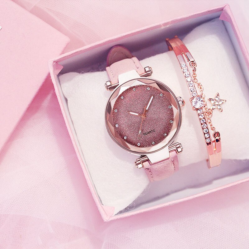 Dameur rhinestone romantisk stjernehimmel armbåndsur dame læderur ur til kvinder relogio feminino montre femme