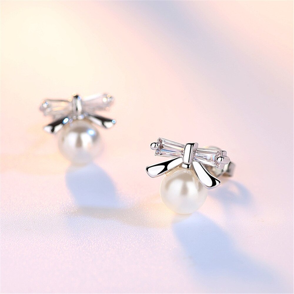 Fashionable Silver Jewelry Female Stud Earrings Luxury Cubic Zirconia Pearl Earrings Bow Tie Sweet and Simple Trinkets 6MM