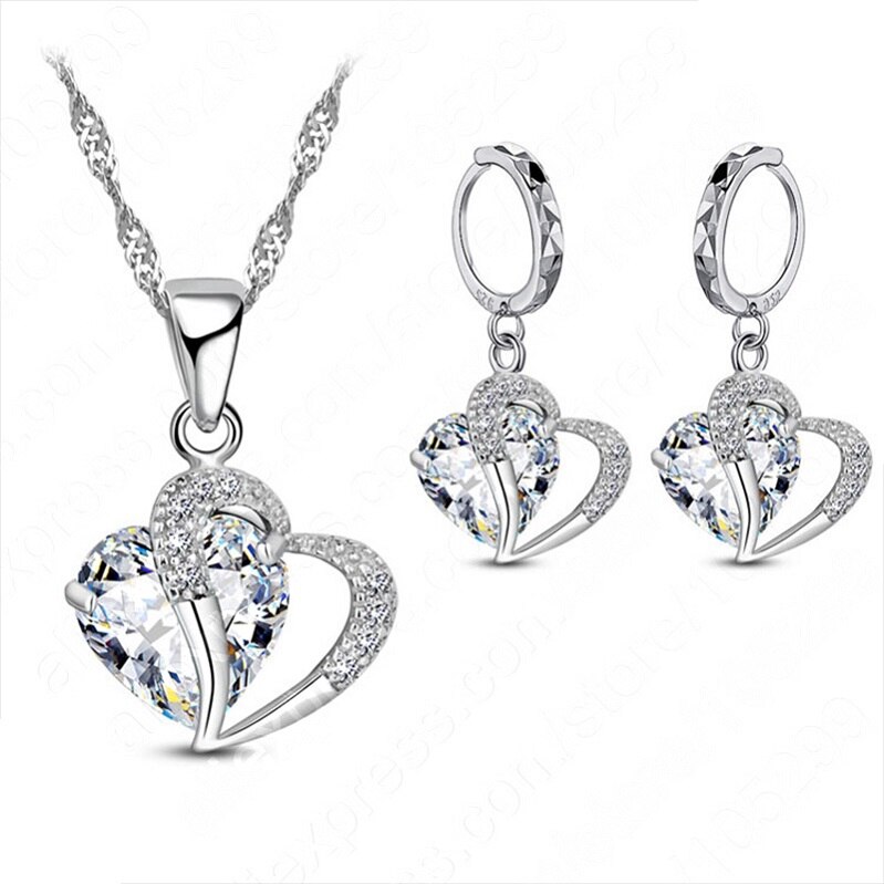 Collier et boucles d&#39;oreilles en argent Sterling 925 pour femmes, ensemble de luxe avec pendentif en Zircon cubique, bijoux de Piercing en Cartilage, cœur de mariage: white