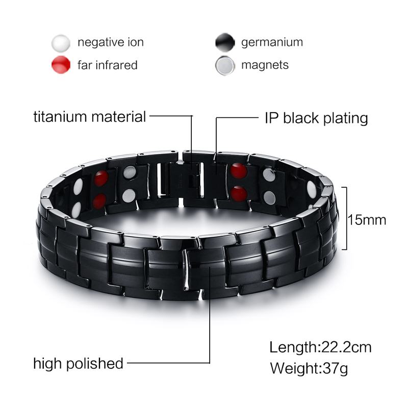 Elegante Mens Black Armbanden Titanium Staal Therapie 2 Rij 4 In 1 Spar Negatieve Ion Germanium Armband Mannen Sieraden