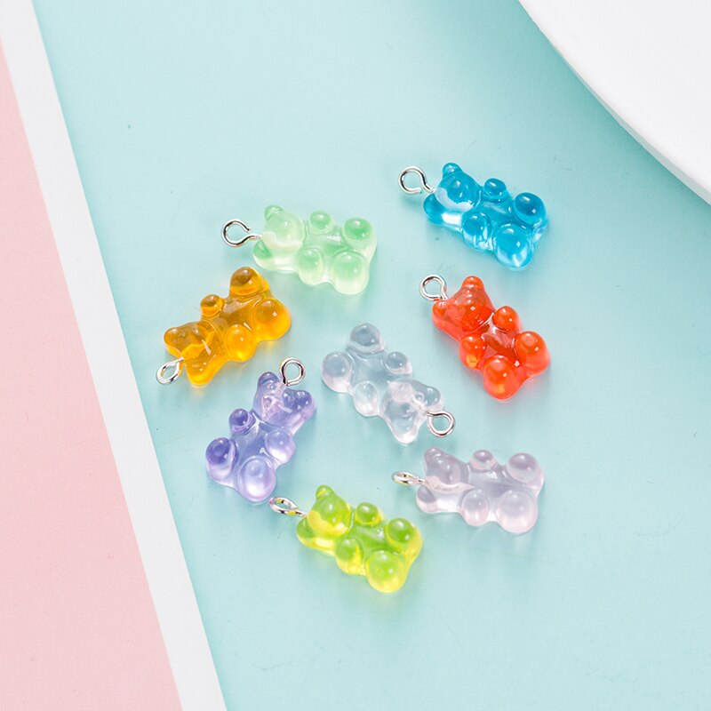 20 Pcs Cretive Kleurrijke Transparante Beer Charms Resin Cabochons Glitter Gummy Sleutelhanger Ketting Hanger Diy Maken Accessoires