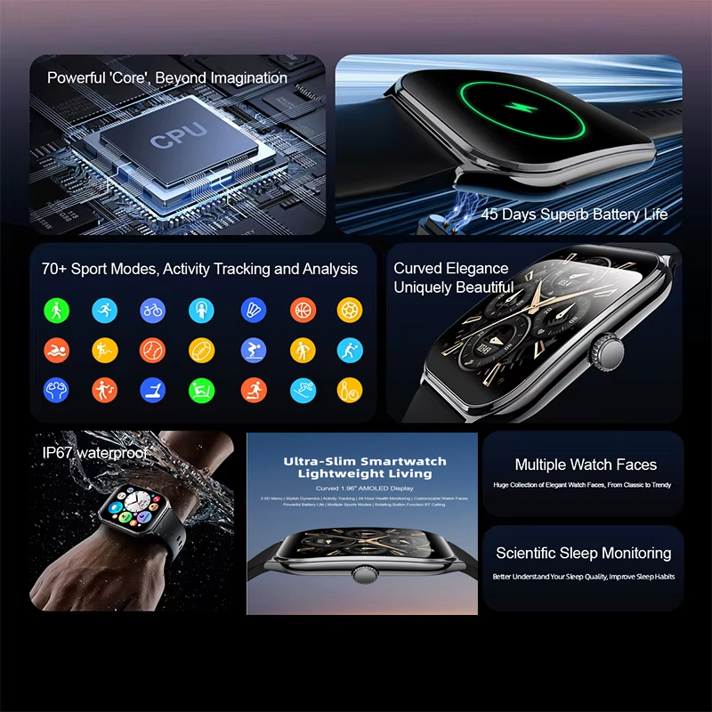 2025 Nuovo 1.96 "Utral Sottile Curvo Schermo Amoled Orologi Intelligenti BT Chiamata Uomo Donna IP68 Impermeabile Monitoraggio della saluto del Sonno Smartwatch