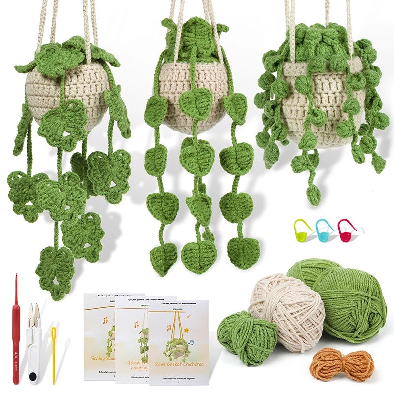 KRABALL Gehaakte hangende plantenkit voor beginners met video-tutorial Katoen breigaren Draadnaalden Haken Gebreide gereedschapsset: Donkergroen