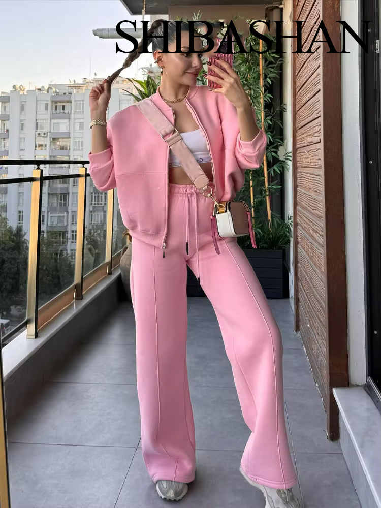 HH otoño mujer Casual sólido traje deportivo manga larga cremallera chaqueta Bomber abrigo + pantalones sueltos de cintura elástica conjuntos de pantalones