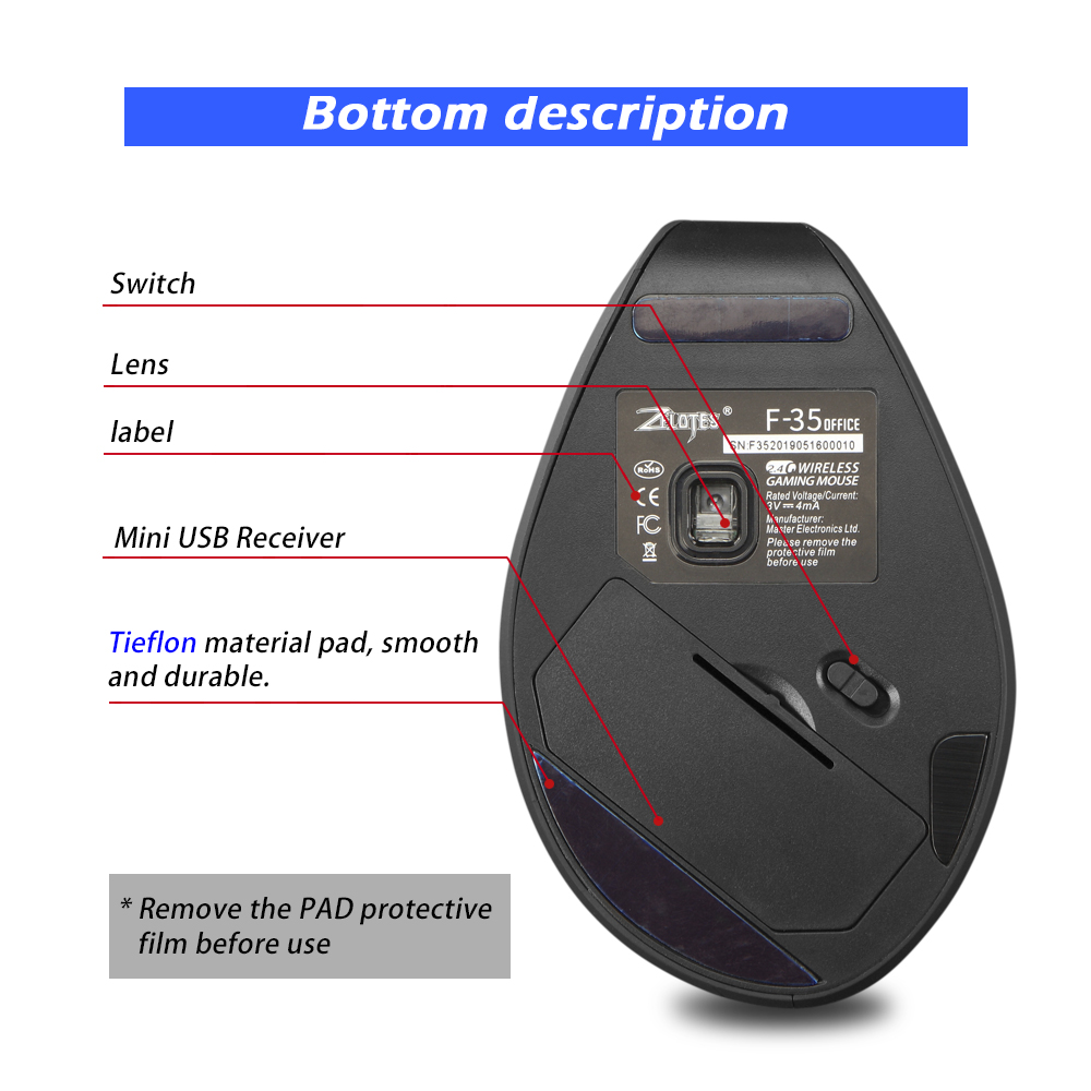 ZELOTES F-35A Vertical Gaming Mouse Adjustable 2400 DPI Optical 2.4G Wireless Mouse USB Computer Mice for PC Laptop Office Home