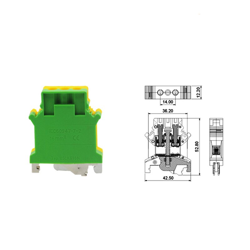 2Pcs Ground Terminal Blocks USLKG16 DIN Rail Screw Bornier UK-16N Yellow Green Earthing Morsettiera Connector 6AWG 16mm²