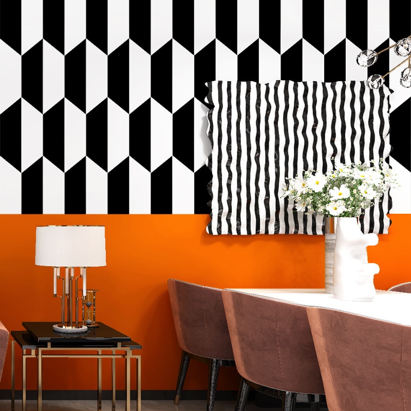 Zwart En Wit Roosters Behang Scandinavische Stijl Geometrische Patroon Eenvoudige Oranje Oranje Moderne Achtergrond Van Televisie In De