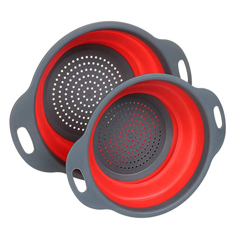 Juego de coladores plegables de silicona de grado alimenticio, colador de cesta de lavado de frutas y verduras, escurridor plegable de cocina, 2 uds.: Rojo