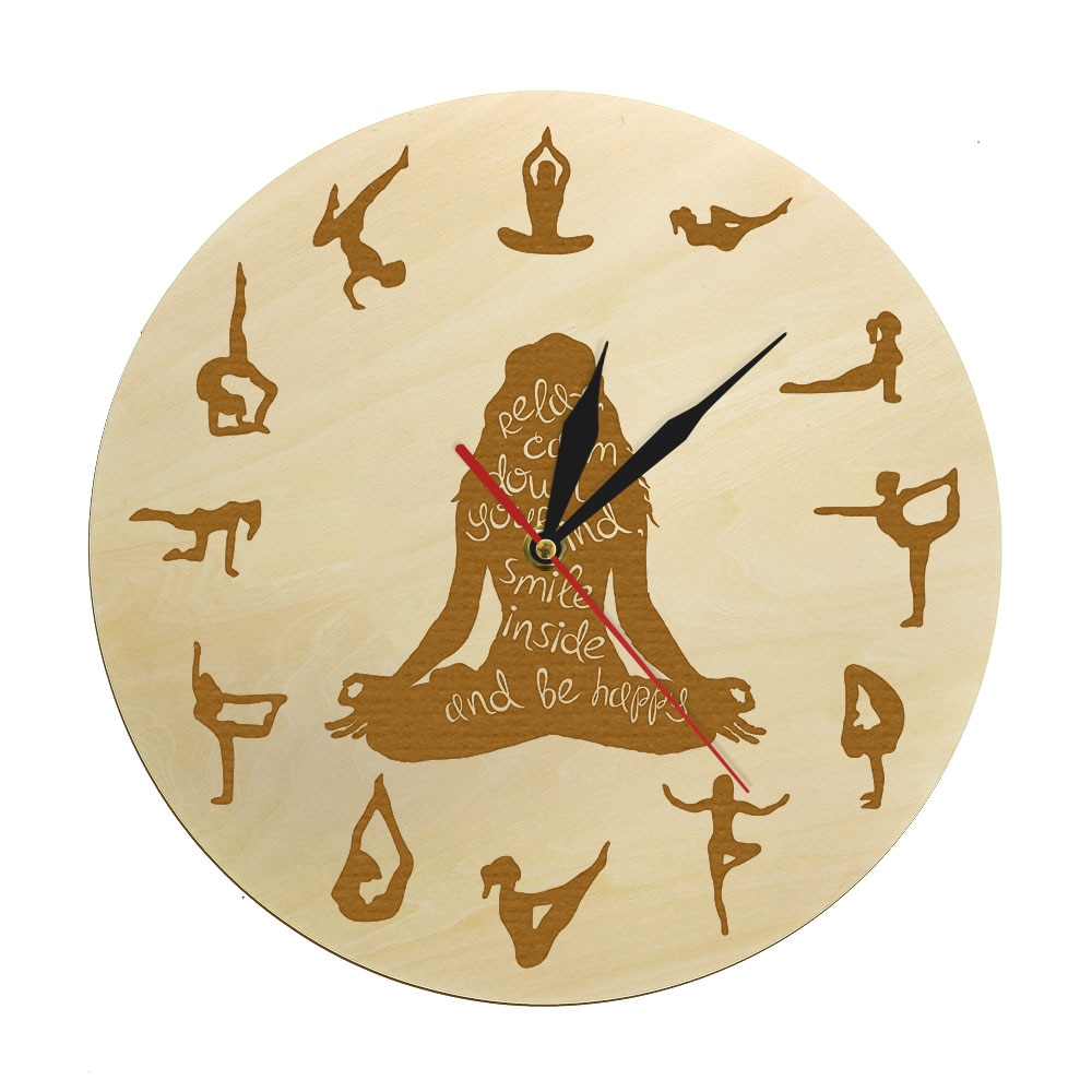 Yoga Pose Wooden Wall Clock Fitness Home Decor Meditation Spiritual Yoga Silent Non ticking Wall Watch Yoga Studio Zen Wall Art