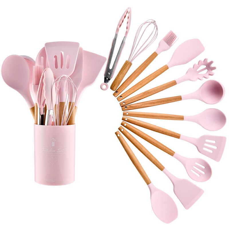 Juego de Utensilios de Silicona para la Cocina, Instrumentos para Cocinar, Espátula y Pala Antiadherente, Accesorio con Mango de Madera, con Recipiente de Almacenamiento: Pink