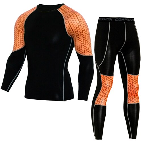 Patchwork Mannen Lange Mouwen Compressie Shirt + Broek Running Set Stretch Tops Mma Fitness Gym Base Layer Leggings 2 stuks Sport Pak: TK130 / Asian size S