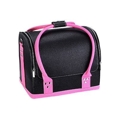 Pu läder kosmetisk låda kvinnor flera lager nagelkonst sminklådor stor kapacitet sminkpåse toalettartiklar: Ros röd-b