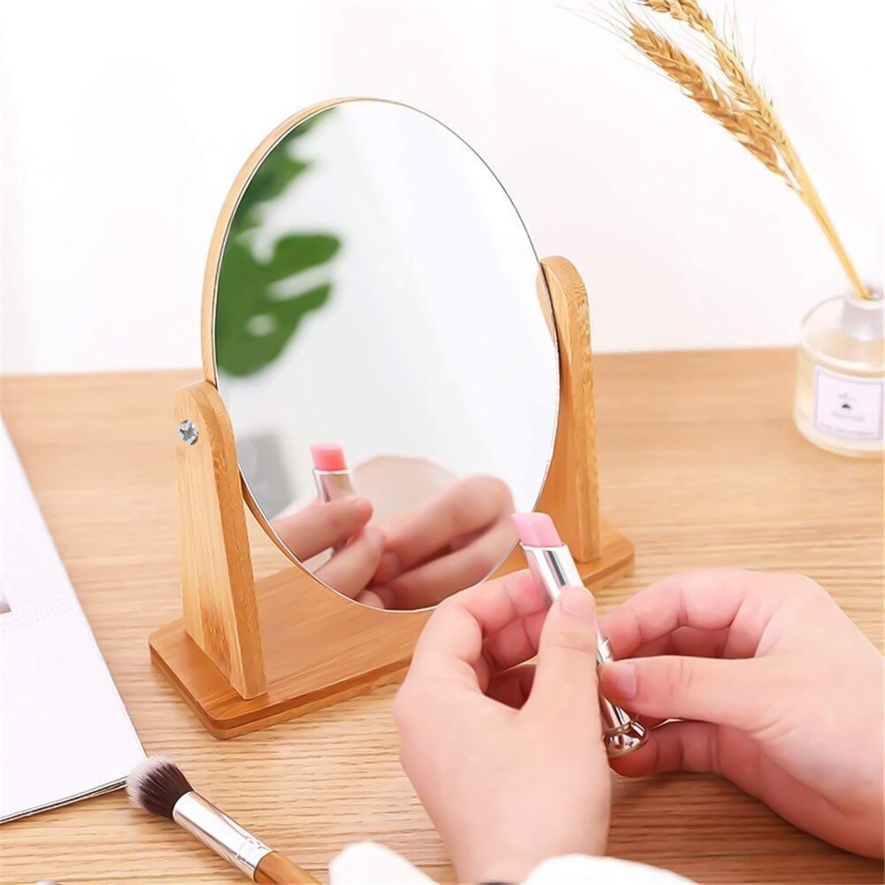 Vanity Makeup Mirror with Natural Wood Stand 360 Degree Swivel Desktop Mirror