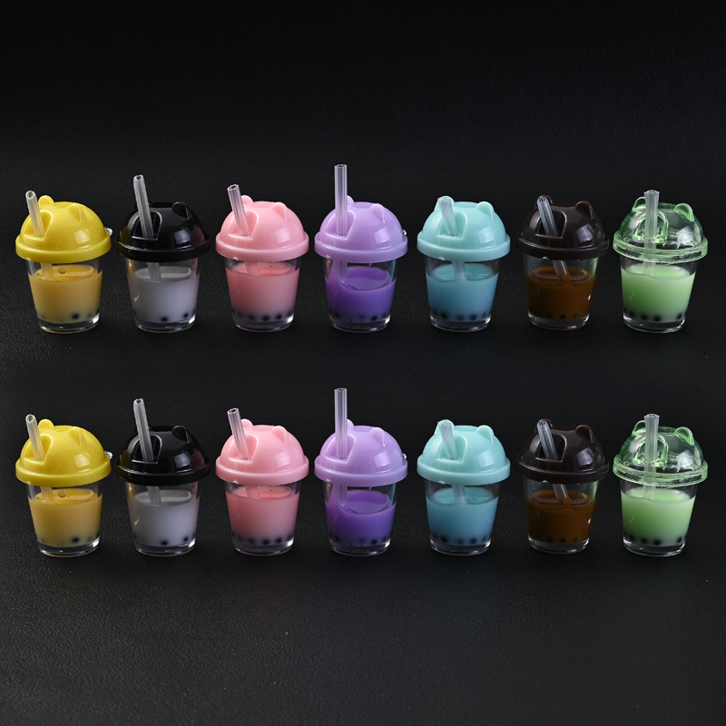 10Pcs Cute Colorful Milk Tea Milkshake Bottle Straw Acrylic Charms Drinks Beverage Pendant for Jewelry Making Necklace