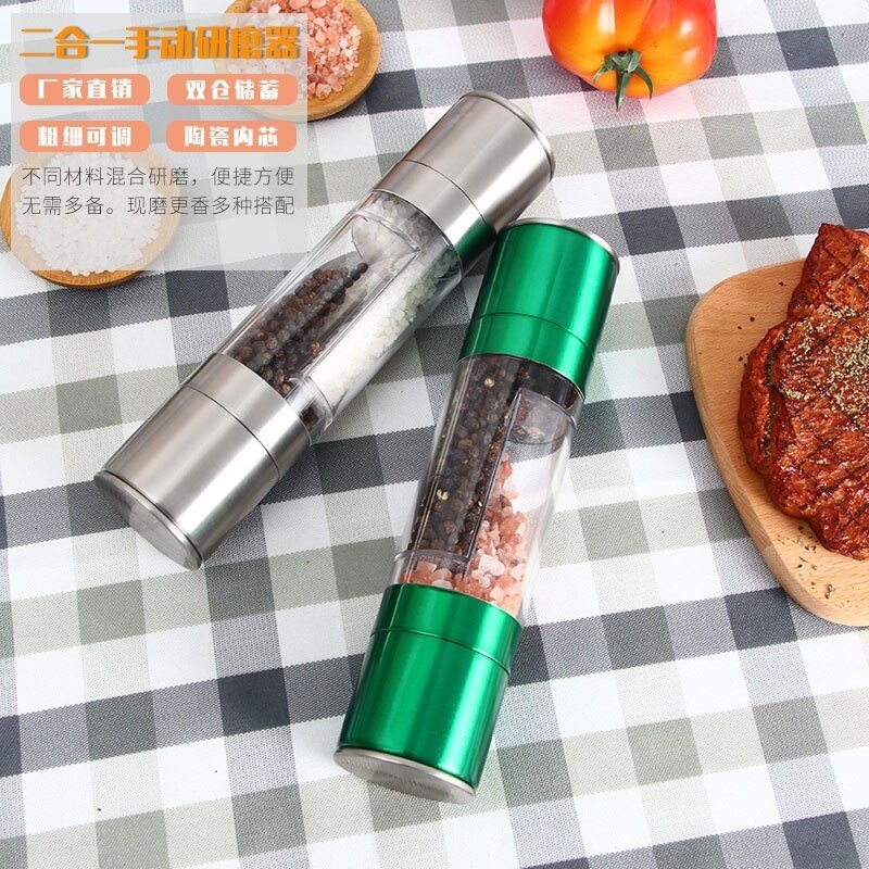 Molinillo de sal y pimienta 2 en 1, buje manual, molinillo de pimienta negra, molinillo de especias, salero de vidrio y pimienta, contenedor de condimentos