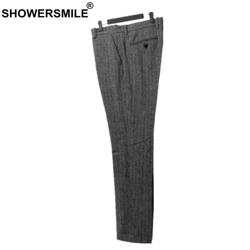 Showersmile herr retro byxor ylle byxor herr business grå fiskbens slim fit klänning byxor tweed ylle kläder england stil