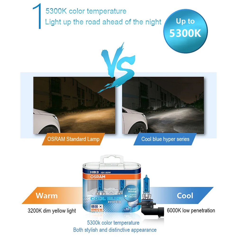 Osram cool blue hyper white  h7 h4 h1 h11 hb3 9005 hb4 9006 halogenforlygte billygte hi/lo-stråle 5300k 12v 55w pære  (2 stk.)