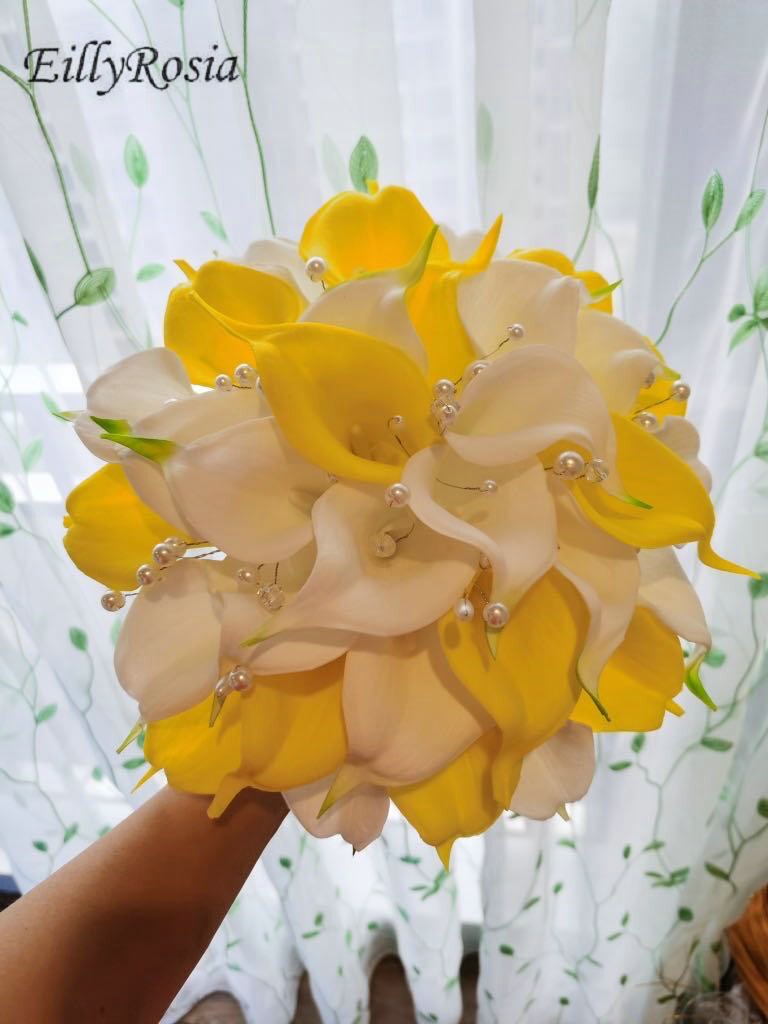 EillyRosia White Yellow Cala Lily Wedding Bridal Bouquet Wedding Flowers Pearls Rhinestones Beautiful Bridesmaid Bouquet Bride: Default Title