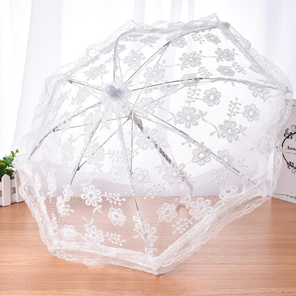Paraguas decorativo blanco para boda, sombrilla pequeña de encaje con mango largo de acero inoxidable, estilo europeo y americano