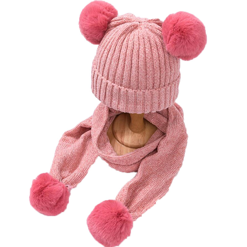 Enfants hiver chapeau et écharpe enfant côtelé tricoté chapeau 2 pièces ensemble bébé filles garçons oreille Protection casquette Pom Pom foulards 0-3T