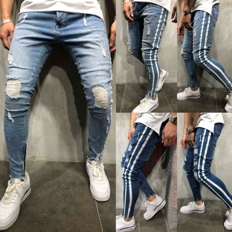 Men Stretchy Ripped Skinny Destroyed Jeans Taped Patch Slim Denim Blue Jean Pants Side Strip Slim Fitn Korean Men Ripped Jeans
