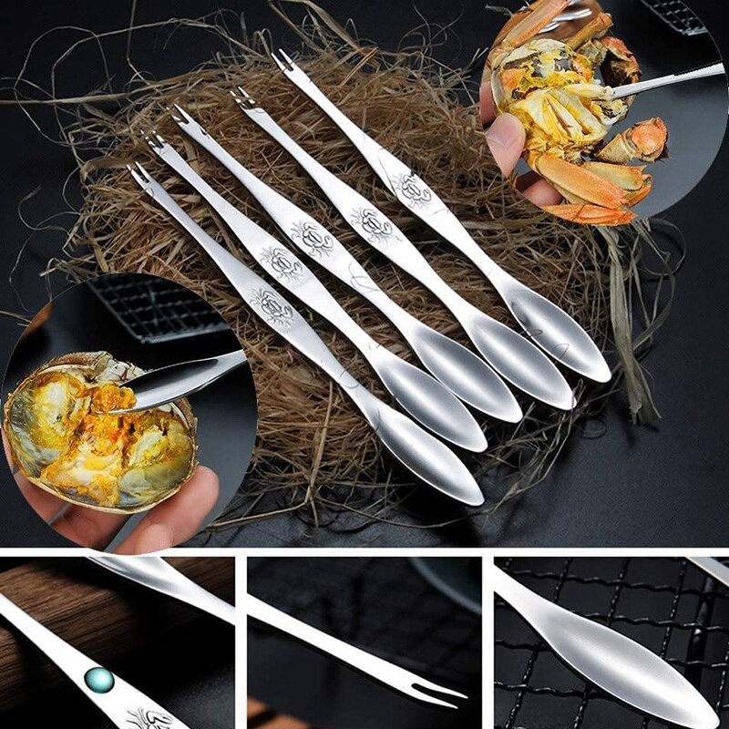 the 7-Piece Seafood Tool Set Includes 2 Crab Crackers, 2 Lobster Shells, 2 Crab Forks/Pickles and 1 Seafood Scissors