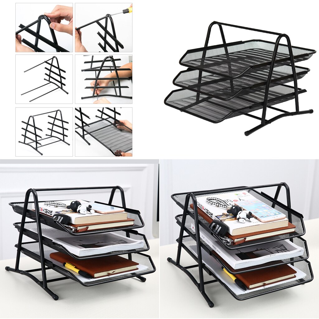 3-Tier Mesh Letter Tray Office Filing Tray Holder Stackable Document Letter Tray