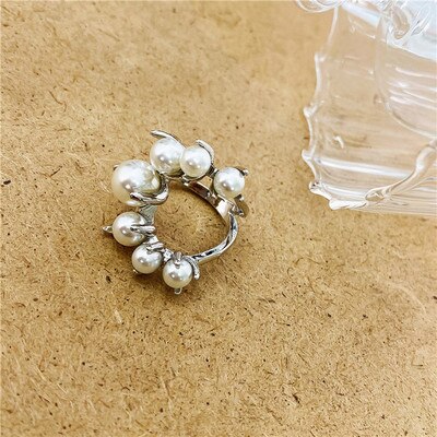 HUANZHI Vintage Old Metal Inlaid Pearl Geometric Irregular Modeling Adjustable Opening Ring for Women Party Jewelry: B