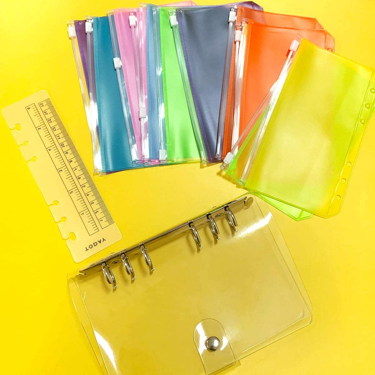 A6 Clear PVC 6 Ring Binder Budget Planner Organizer Notebook Waterproof Folders with 12 Colorful Zipper Binder Pockets,A Ruler