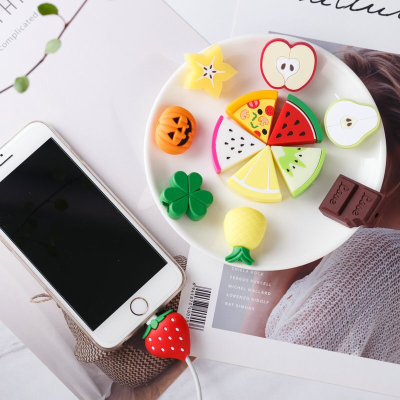 Zachte Leuke Cartoon Fruit Kabel Bite Telefoon Oplader Kabel Protector Cord Data Line Cover Versieren Smartphone Draad Accessoires
