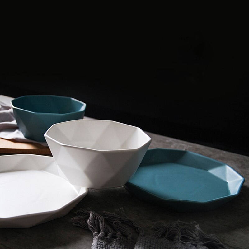 Geometric Ceramic Dinner Plates Hexagonal Dishes and Plates Sets Fruit Food Bowl Home Decorative Dinner Set Blue White Black