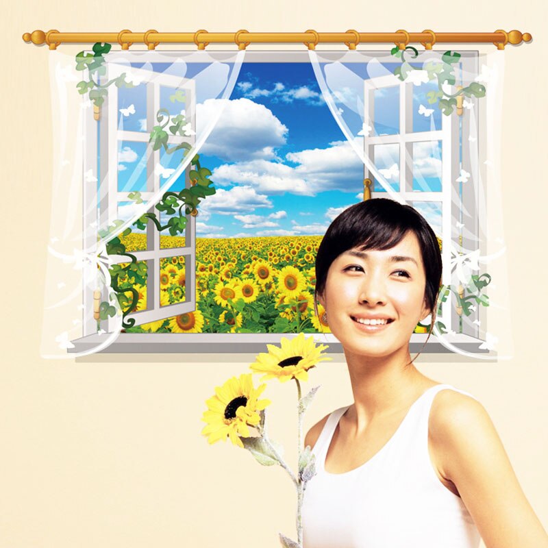 90x60cm 3D Sonnenblume Fenster Zauberstab Aufkleber Sonne Blumen Landschaft Heimat Dekor Wohnzimmer Kunst Decals entfernbar Tapete dekoration