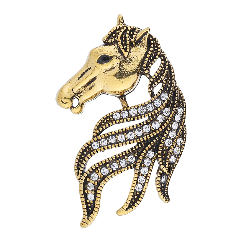 Dier Paard Broche Heren Pak Overhemd Corsage Revers Pin Badge Kleding Broches voor Vrouwen Accessoires Retro Hoogwaardig Kristal: Antique Gold Plated