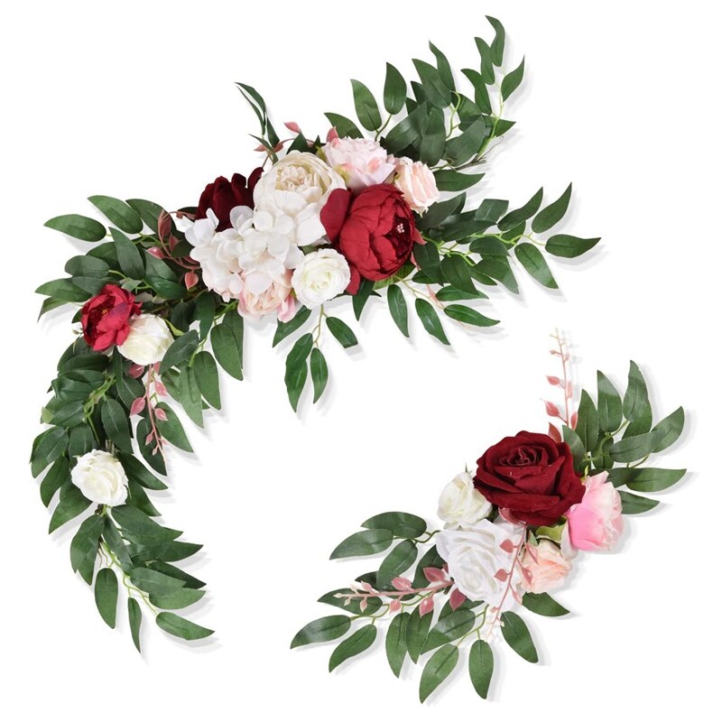 Lot De 2 Décorations De Mariage Fleurs Et Eucalyptus - Arche Et Banc Artificiels 68x15cm - Pour Chaises, Fond De Cérémonie