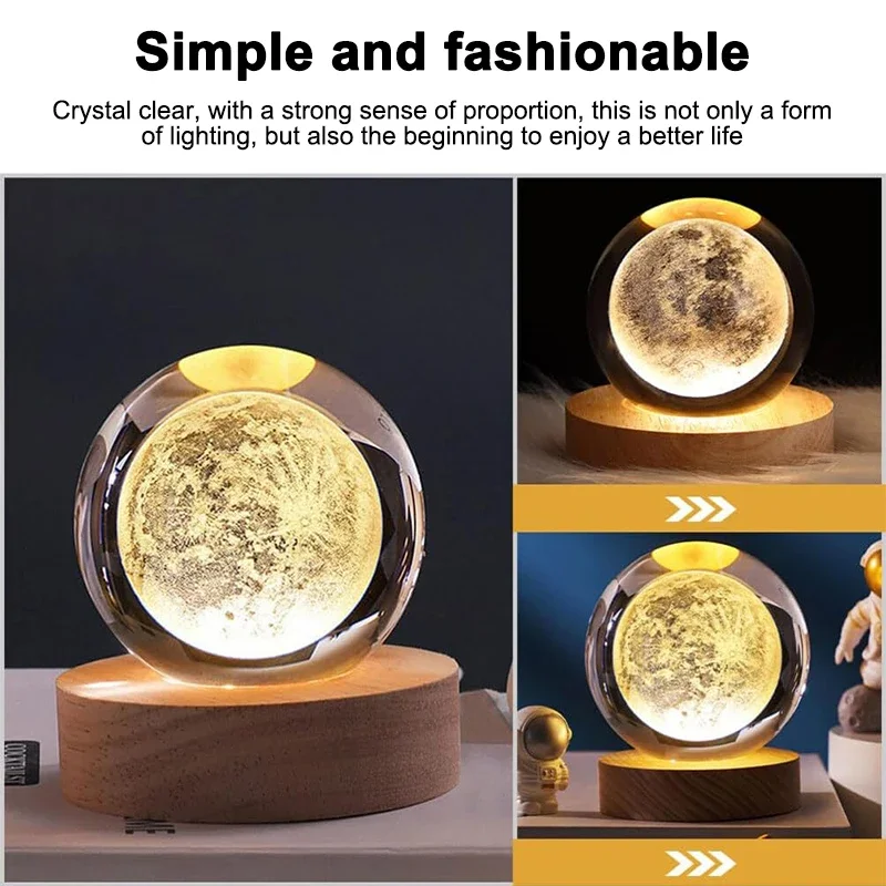 Leuchtende Kristallkugel LED Nachtlicht Saturn Sonnensystem 3D Mond Tischlampe USB Schlafzimmer Atmosphäre Lampe für Geburtstag Kind *