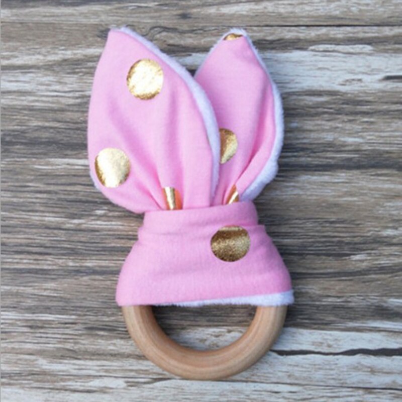 Baby Teether Wooden Ring Baby Molars Dental Exercise Toy Hand Rattle Multiple Styles To Choose Simple Safe Teether: Pink Gold Dot
